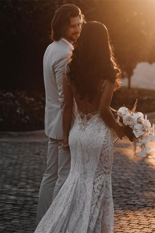 Beautiful Straps Sleeveless Lace Wedding Dress Mermaid with Beadings