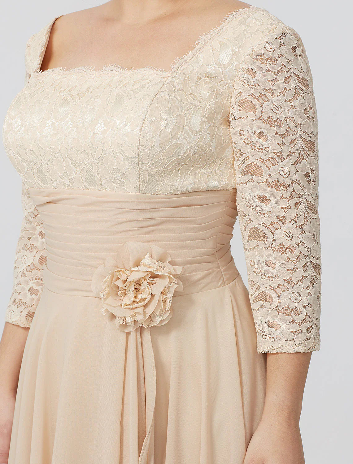 Aimishang  Sheath / Column Mother of the Bride Dress Formal Classic & Timeless Elegant & Luxurious Plus Size Square Neck Floor Length Chiffon Metallic Lace 3/4 Length Sleeve No with Sash / Ribbon Flower