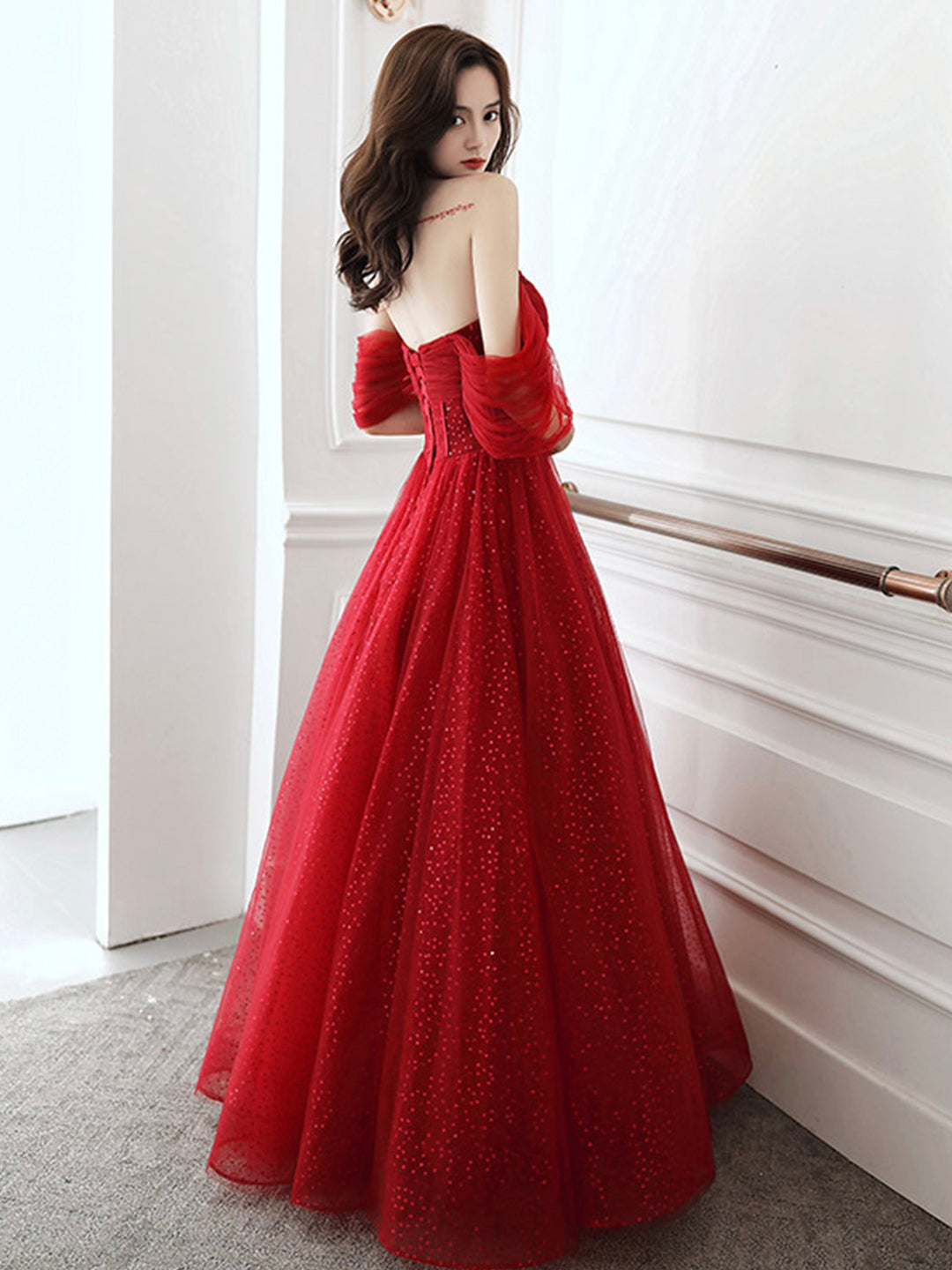 A-Line Off Shoulder Tulle Burgundy Long Prom Dress, Burgundy Long Evening Dress