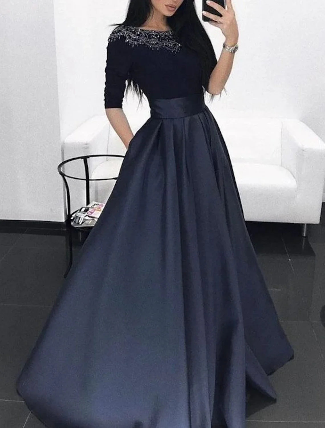 Aimishang Ball Gown Evening Gown Minimalist Dress Quinceanera Formal Evening Floor Length Half Sleeve Illusion Neck Fall Wedding Guest Satin with Pleats Lace Insert