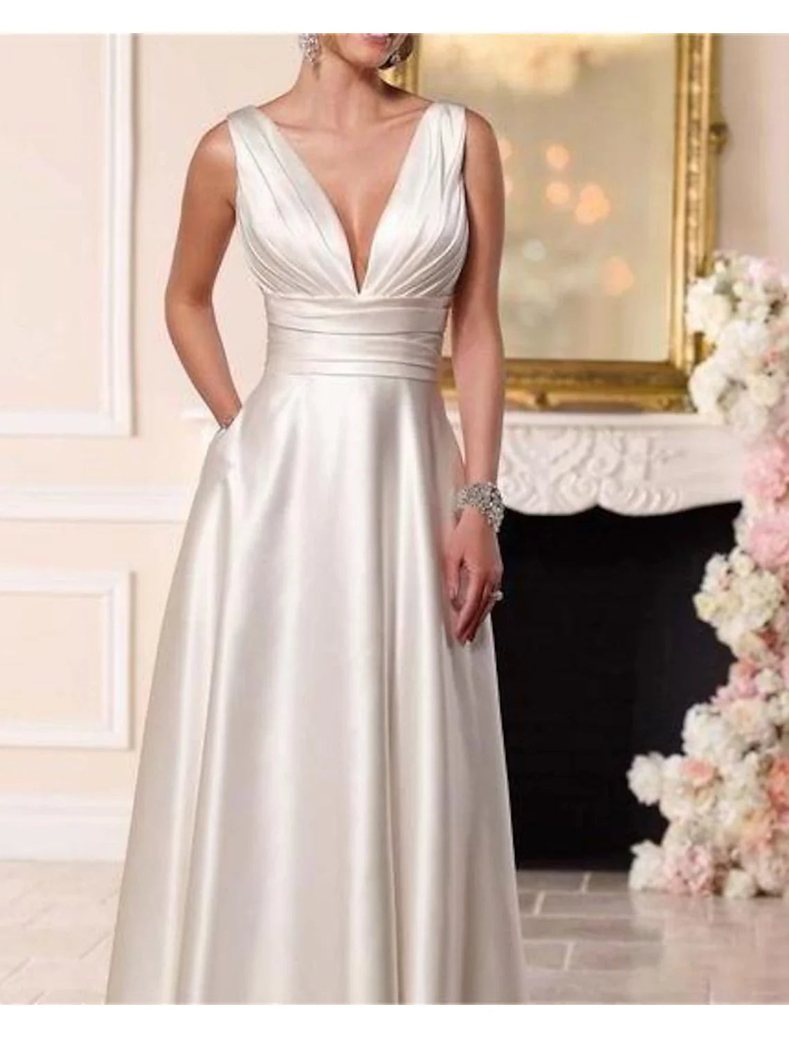 Aimishang Beach Casual Formal Wedding Dresses A-Line V Neck Sleeveless Floor Length Taffeta Bridal Gowns With Pleats Ruched