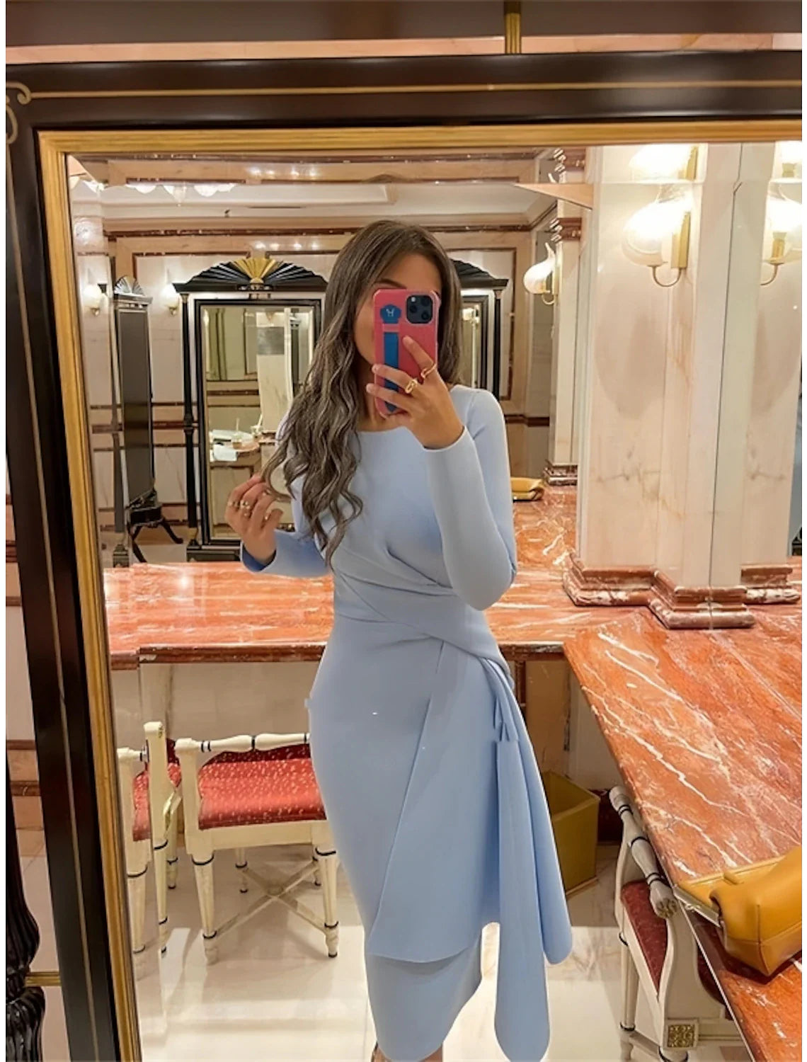 Wholesale Sheath Formal Dress Cocktail Dresses Elegant Red Green Dress Formal Fall Knee Length Long Sleeve Jewel Neck Stretch Fabric with Pleats Ruched