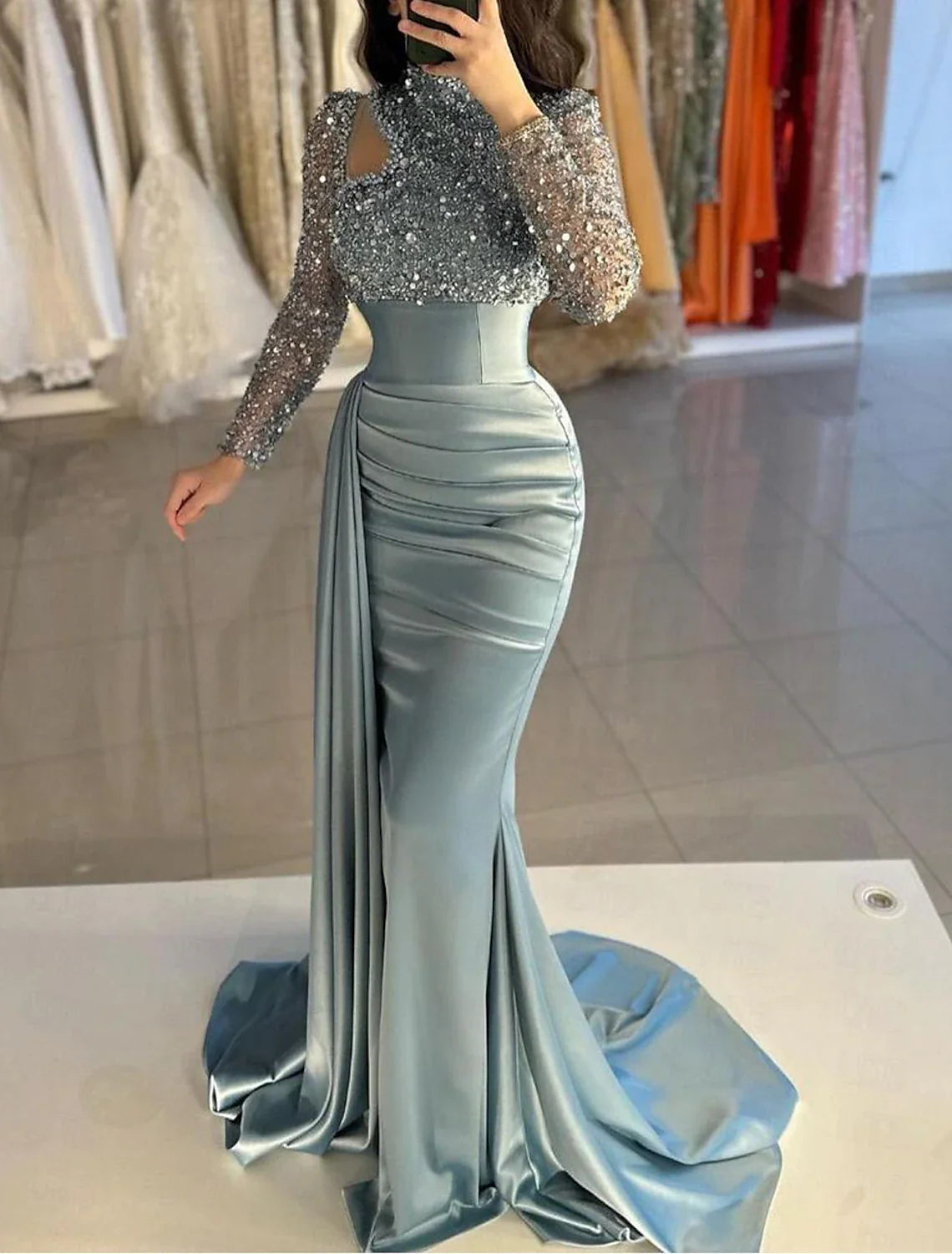 Mermaid / Trumpet Evening Gown Elegant Dress Formal Sweep / Brush Train Long Sleeve High Neck Satin with Pearls Sequin