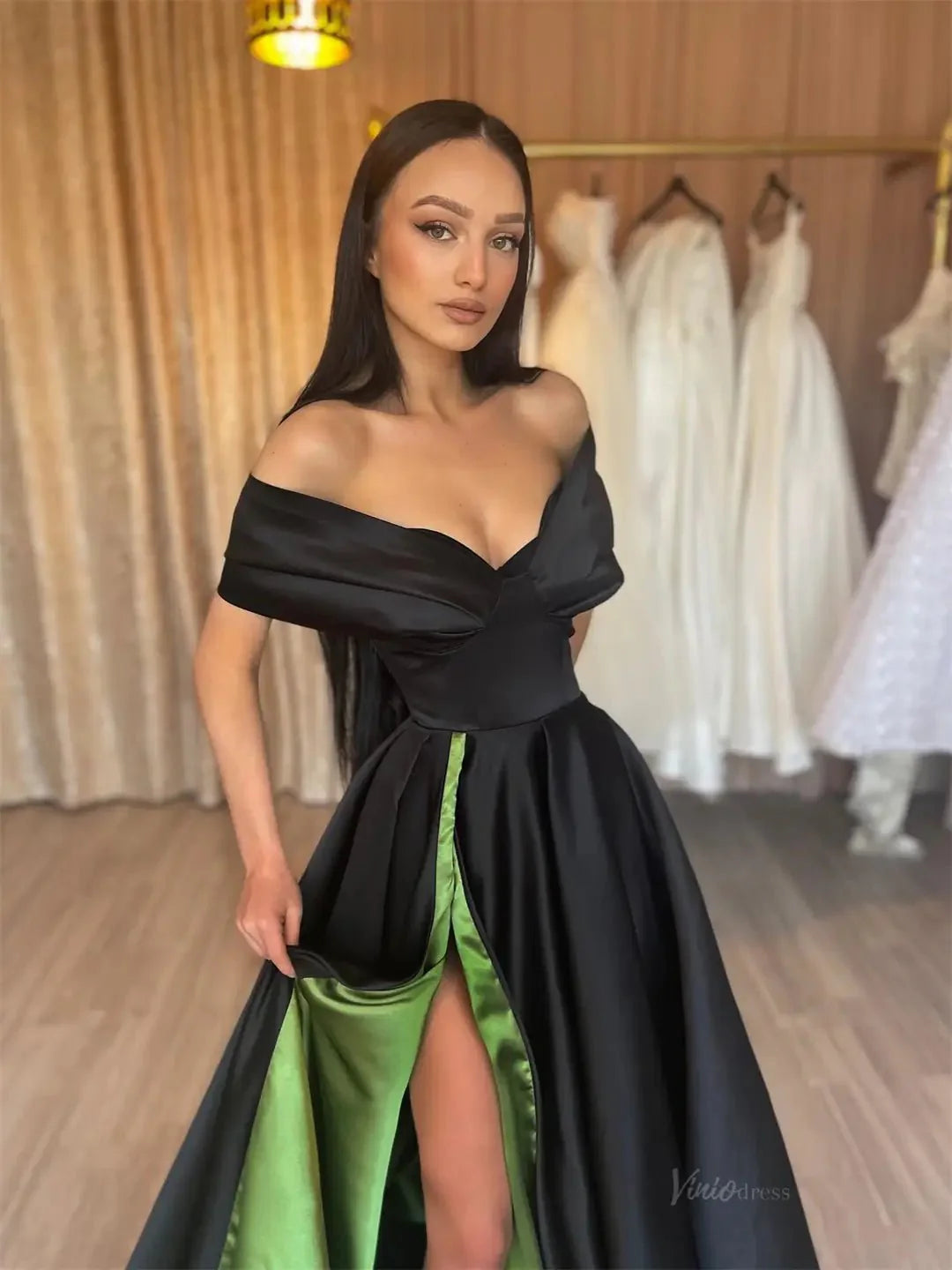 Black and Green Satin Prom Dresses 2025 Off the Shoulder Formal Gown with High Slit FD5258