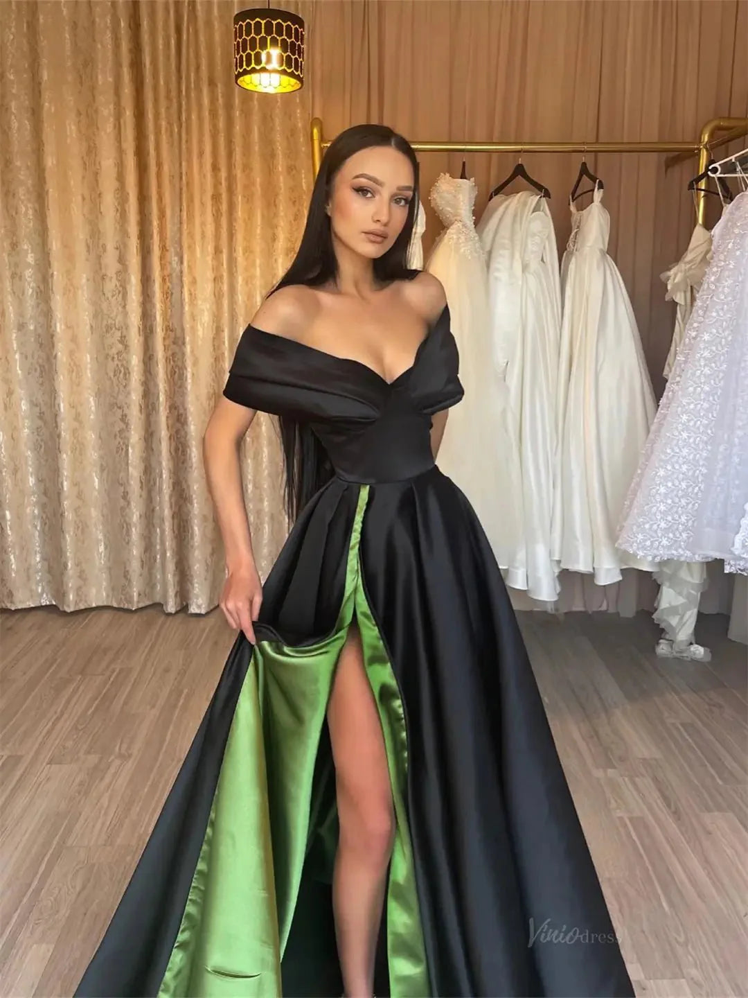 Black and Green Satin Prom Dresses 2025 Off the Shoulder Formal Gown with High Slit FD5258