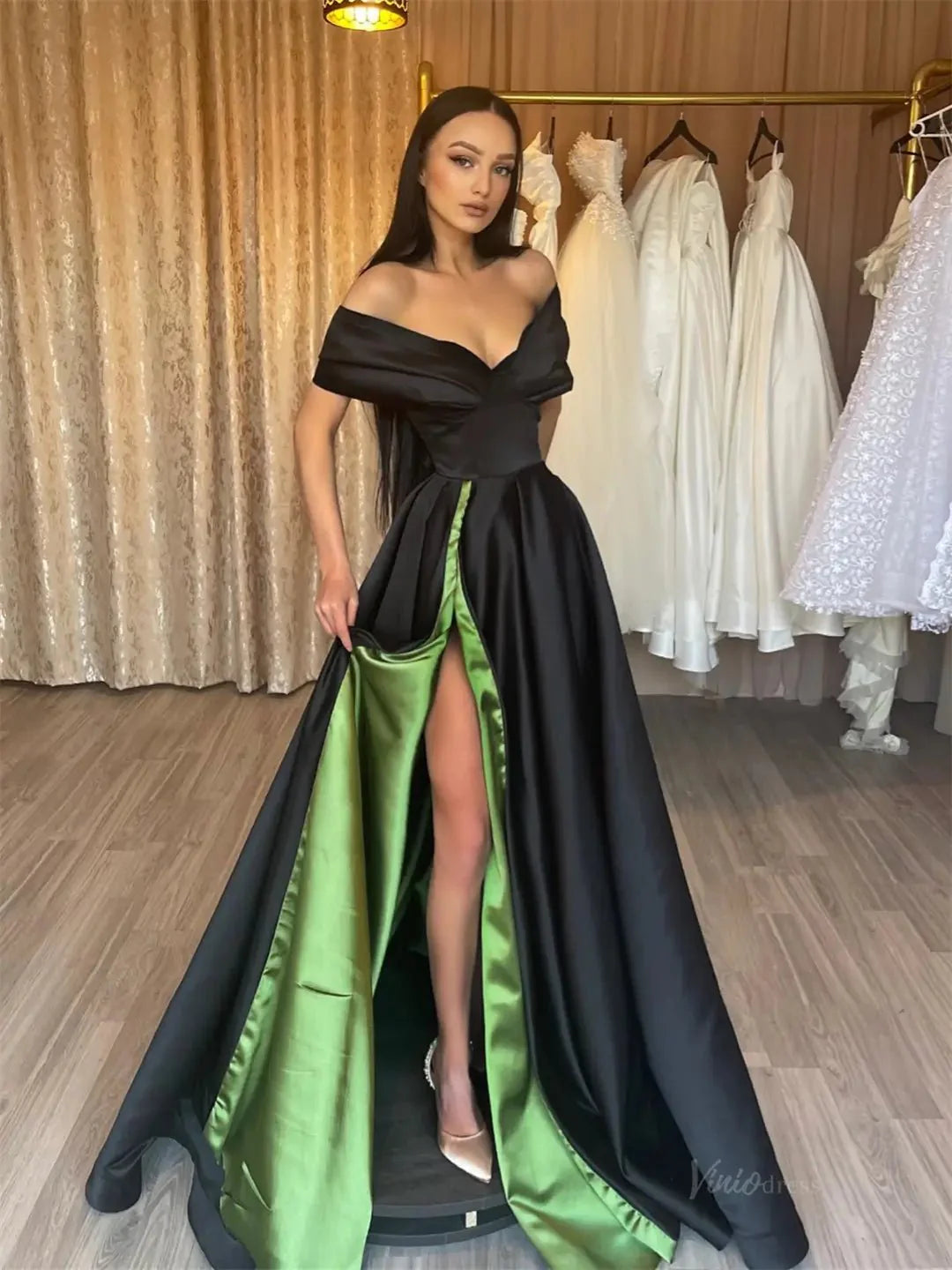 Black and Green Satin Prom Dresses 2025 Off the Shoulder Formal Gown with High Slit FD5258