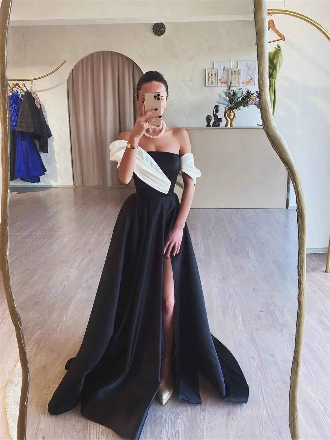 Black Satin Prom Dresses 2025 Off the Shoulder Formal Gown with High Slit FD5249