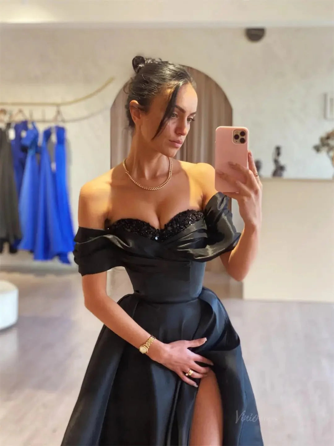 Black Satin Prom Dresses 2025 Off the Shoulder Formal Gown with High Slit FD5250