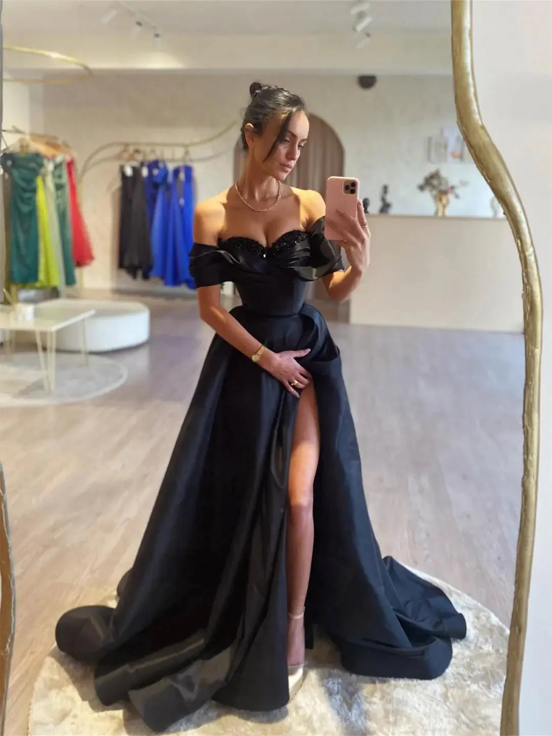Black Satin Prom Dresses 2025 Off the Shoulder Formal Gown with High Slit FD5250