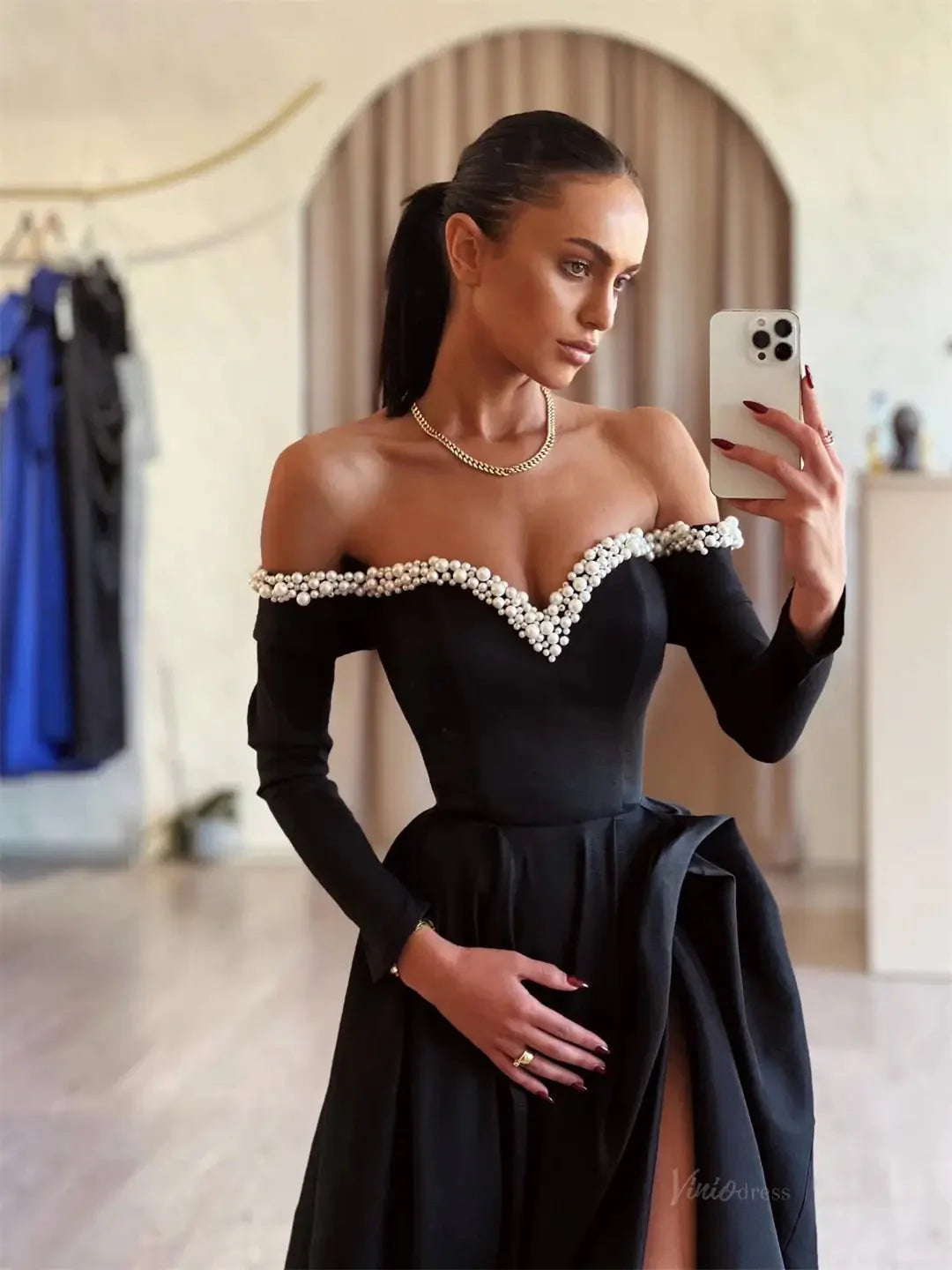 Black Satin Prom Dresses 2025 Off the Shoulder Long Sleeve Formal Gown with High Slit FD5252