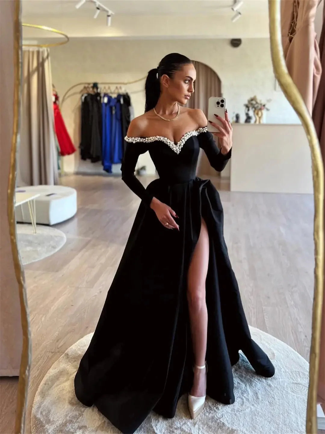 Black Satin Prom Dresses 2025 Off the Shoulder Long Sleeve Formal Gown with High Slit FD5252