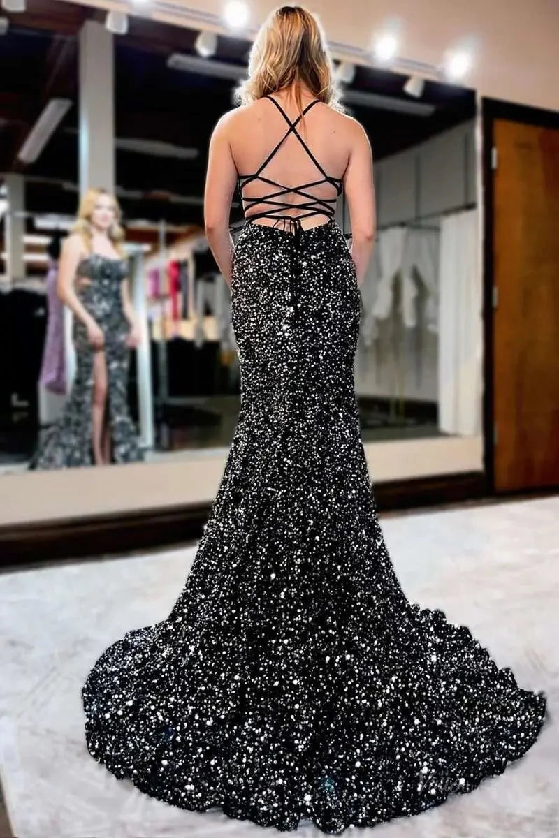Black Sequin Mermaid Prom Dresses 2025 with Slit & Spaghetti Strap – FD5064