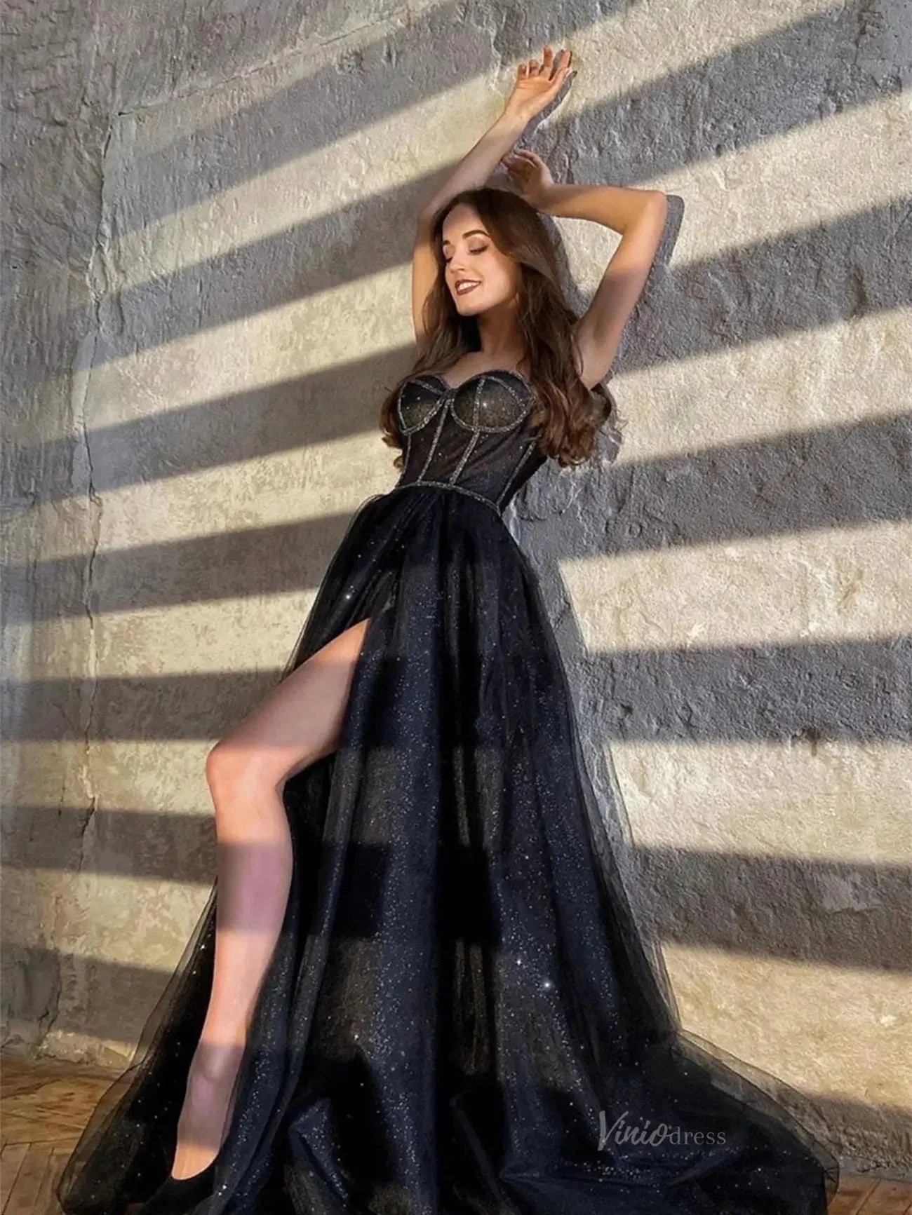 Black Sparkly Tulle Prom Dresses 2025 Spaghetti Strap Formal Gown with Slit FD5113