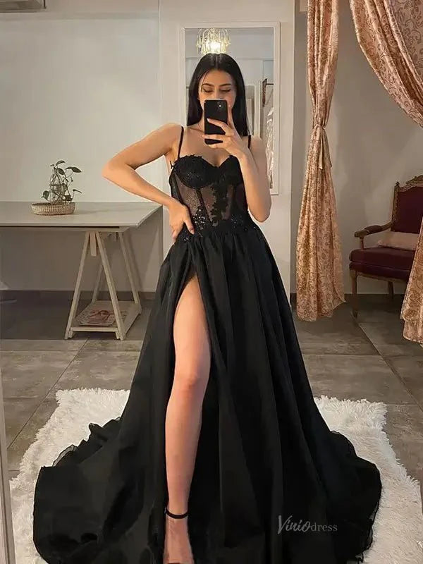 Black Tulle Prom Dresses 2025 Spaghetti Strap Sparkly Sheer Bodice Formal Gown with Slit FD5108