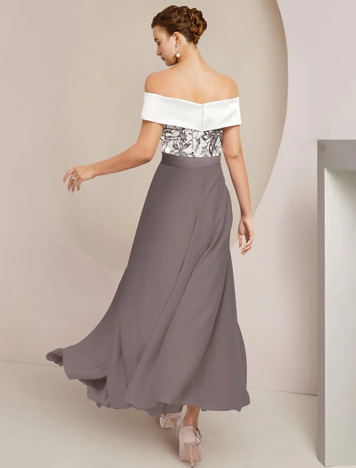 Aimishang A-Line Mother of the Bride Dress Wedding Guest Elegant Off Shoulder Ankle Length Stretch Fabric Short Sleeve with Appliques Ruching