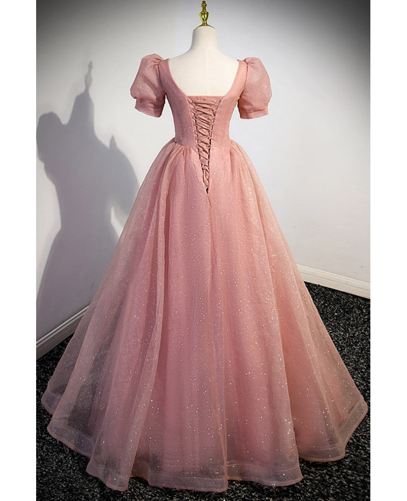 Elegant red pink beaded rhinestone fluffy short sleeved ball dress with red pink V-neck butterfly patch flower dew back strap and floor length evening dress