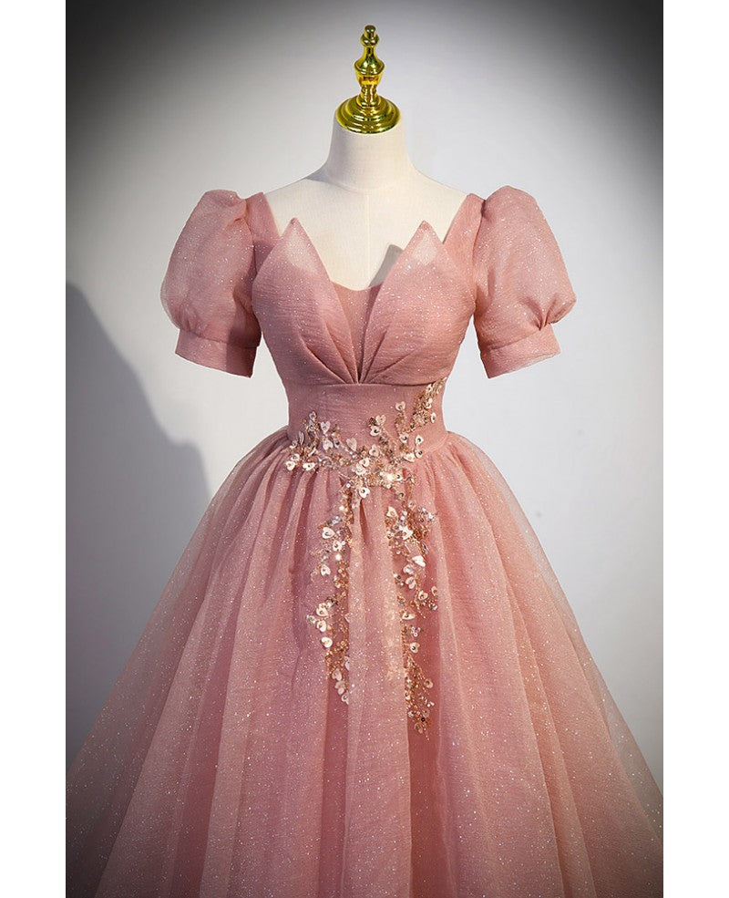 Elegant red pink beaded rhinestone fluffy short sleeved ball dress with red pink V-neck butterfly patch flower dew back strap and floor length evening dress