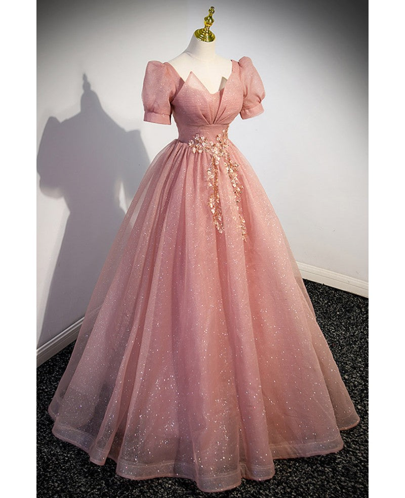 Elegant red pink beaded rhinestone fluffy short sleeved ball dress with red pink V-neck butterfly patch flower dew back strap and floor length evening dress