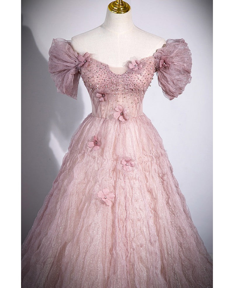 Unique powder blusher pink glitter sequins off shoulder rhinestone applique short sleeve prom dress powder blusher pink A-line princess backless strap long evening dress