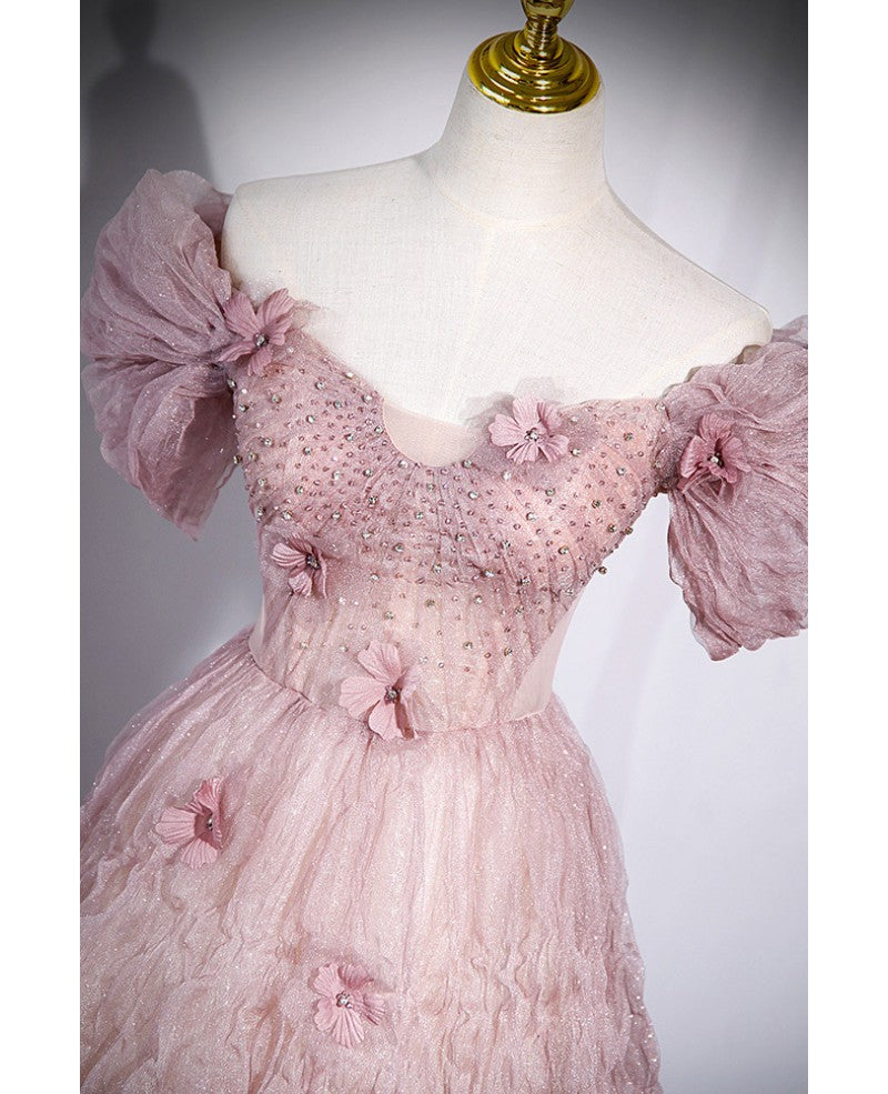 Unique powder blusher pink glitter sequins off shoulder rhinestone applique short sleeve prom dress powder blusher pink A-line princess backless strap long evening dress