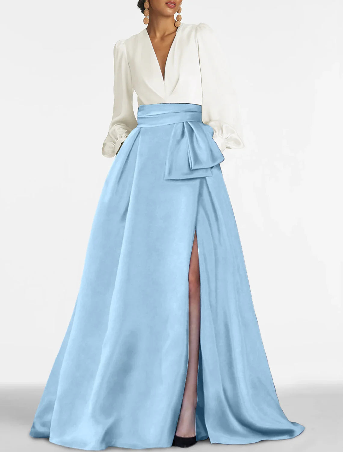 A-Line Evening Gown Elegant Dress Formal Sweep / Brush Train Formal Red Green Dress Long Sleeve V Neck Satin with Pleats Slit