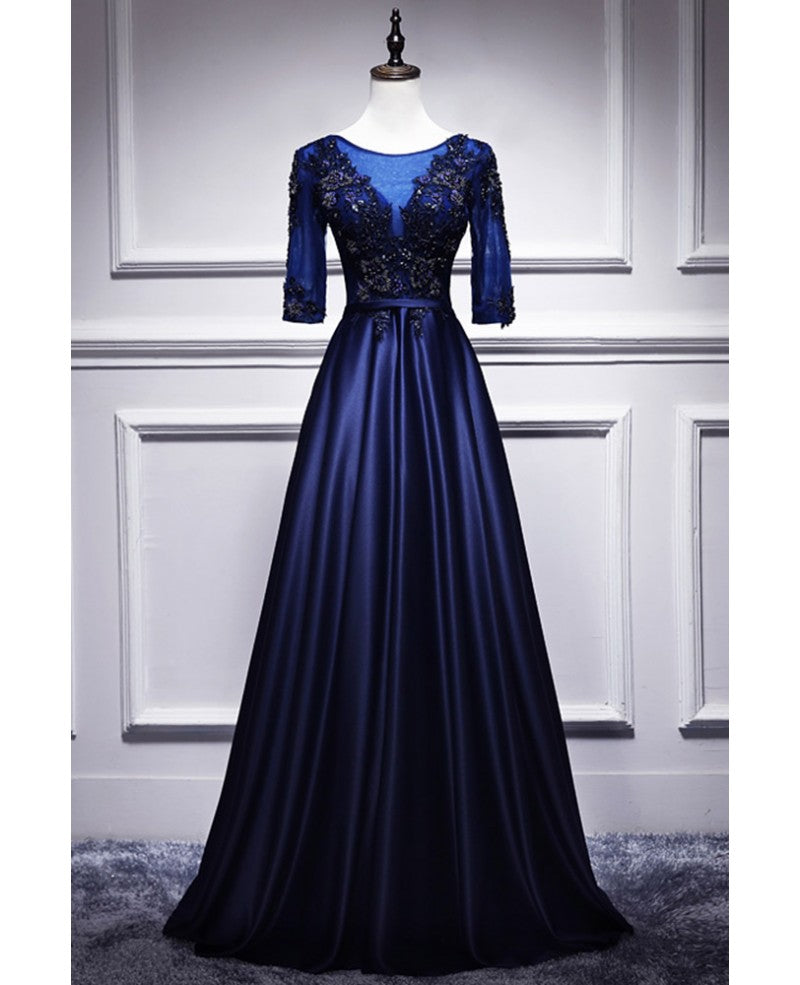 Elegant and noble blue short sleeved lace decal ball dress with blue V-neck satin and beaded back zipper and floor length evening dress
