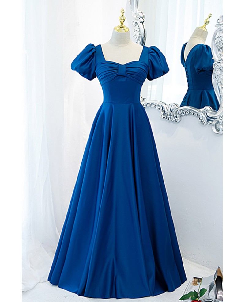 Noble and elegant blue satin retro square neck short sleeved ball dress with blue backless strap and floor length evening dress