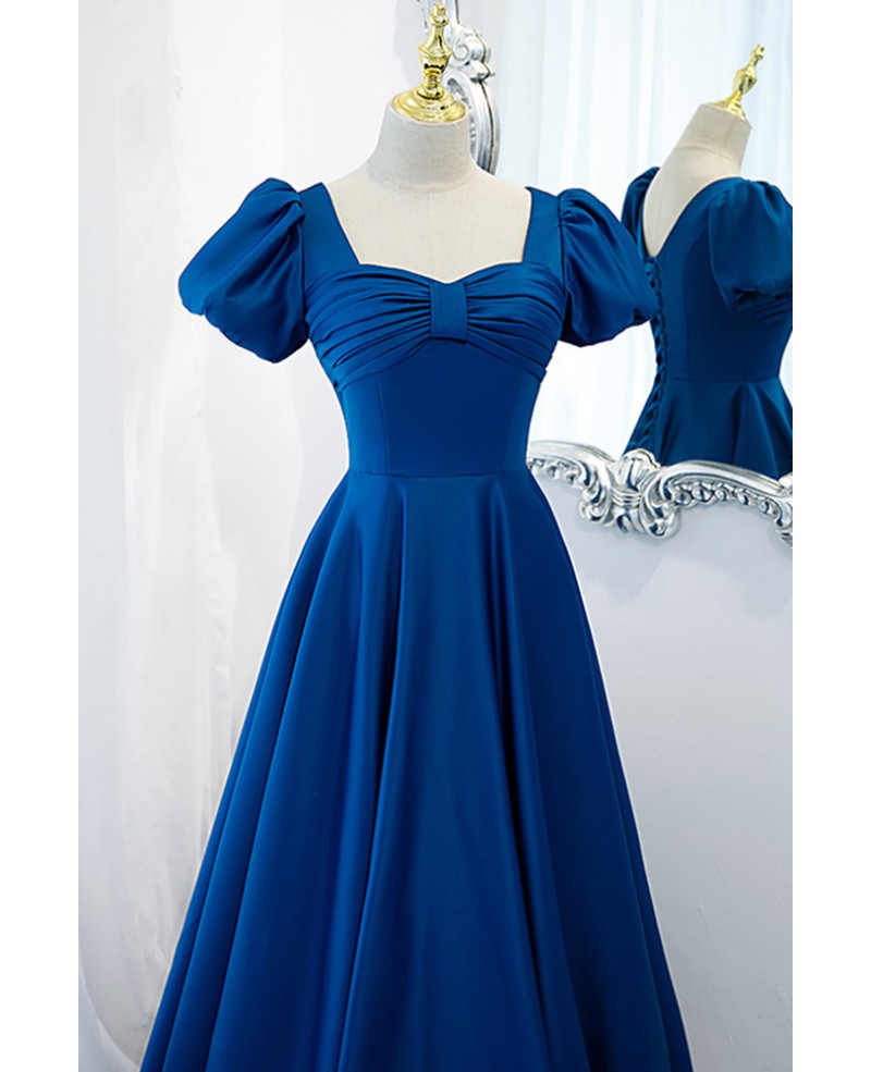 Noble and elegant blue satin retro square neck short sleeved ball dress with blue backless strap and floor length evening dress