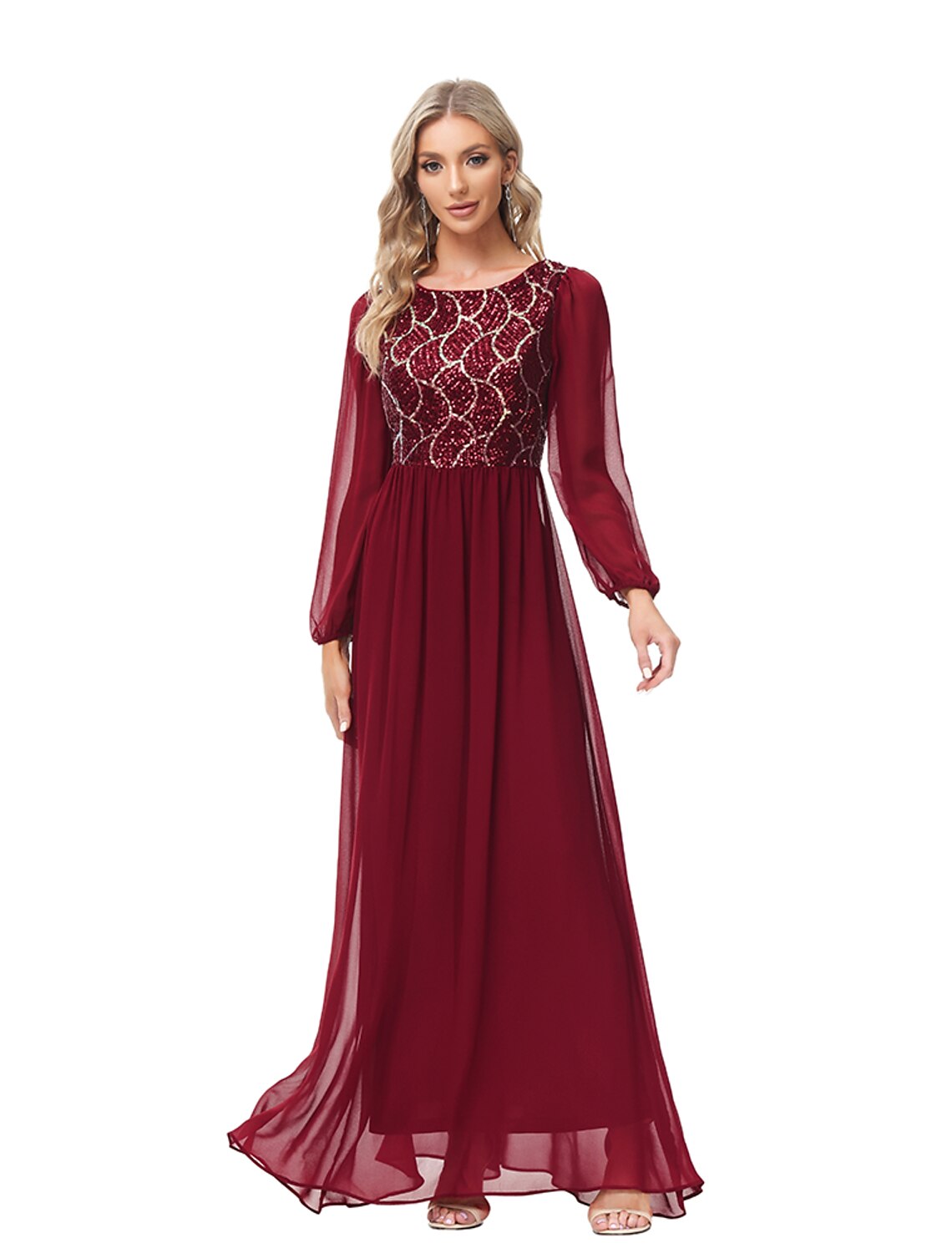 A-Line Evening Gown Empire Dress Party Wear Wedding Guest Floor Length Long Sleeve Jewel Neck Chiffon V Back with Sequin Splicing