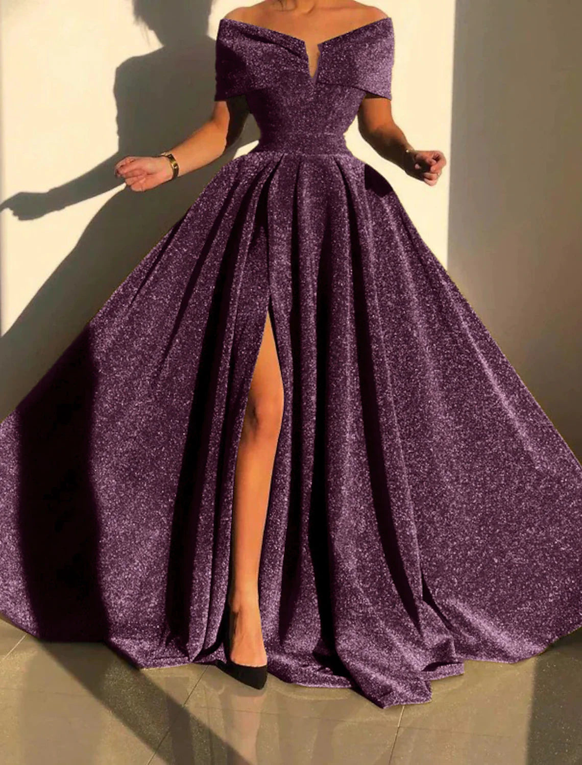 A-Line Evening Gown Sparkle & Shine Dress Formal Fall Court Train Sleeveless Off Shoulder Sequined with Sequin Slit