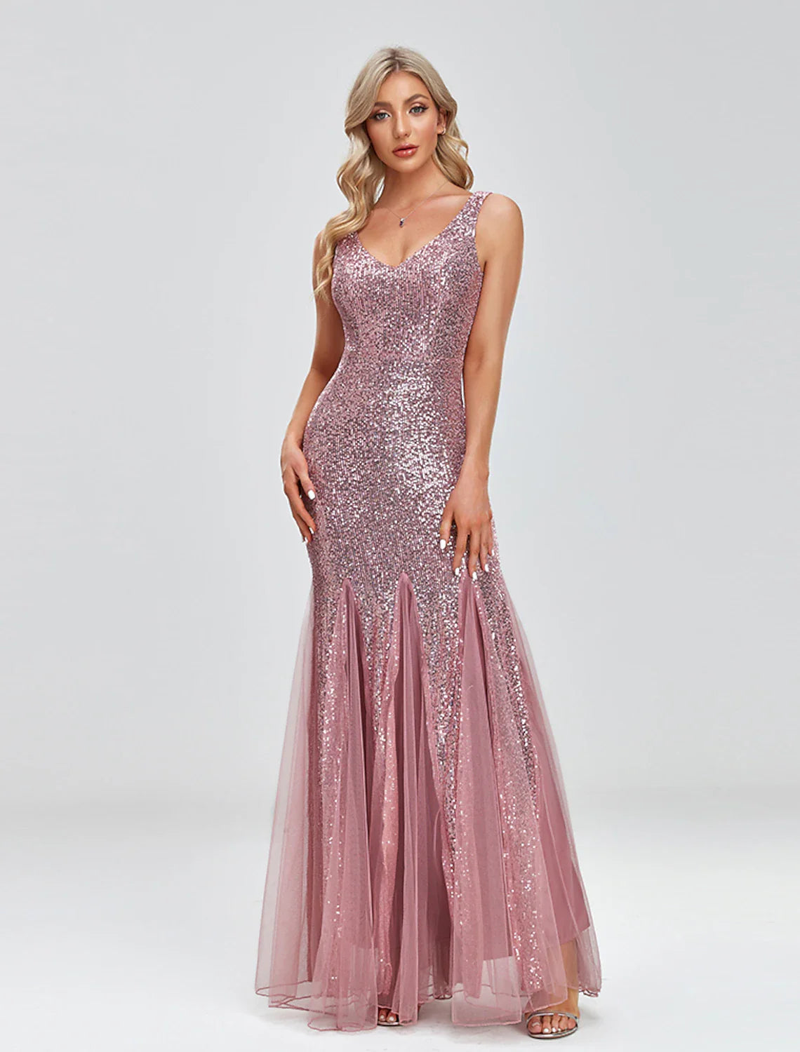 Mermaid / Trumpet Evening Gown Sparkle Dress Wedding Guest Formal Evening Floor Length Sleeveless V Neck Tulle V Back with Sequin Splicing