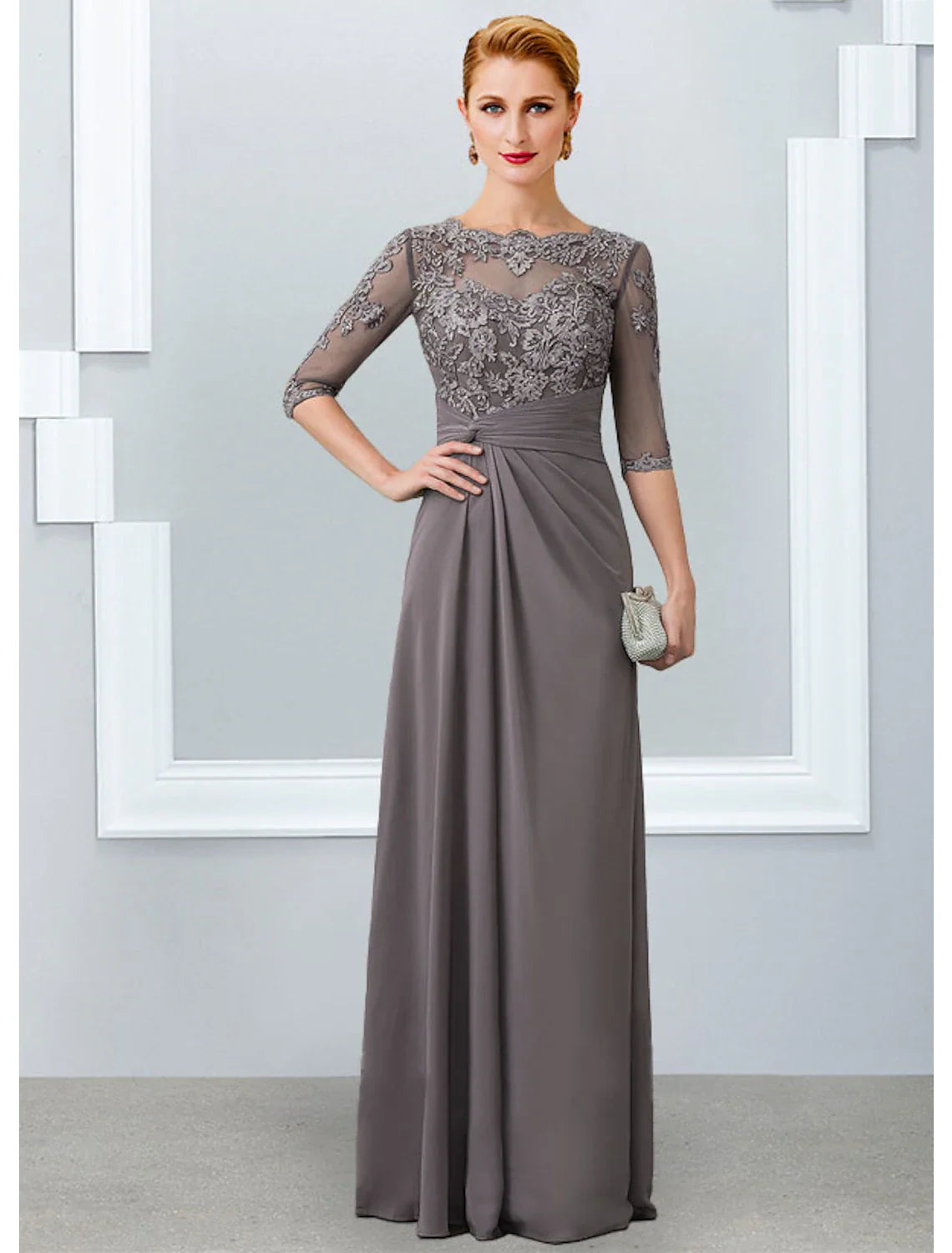 Aimishang  Sheath / Column Mother of the Bride Dress Elegant Jewel Neck Floor Length Chiffon Lace 3/4 Length Sleeve with Appliques