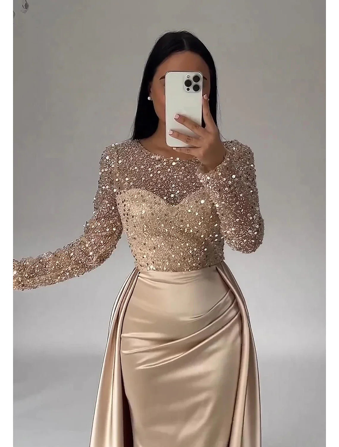 Aimishang Mermaid Sequin Evening Gown Ruched Satin Dress Long Sleeves Floor Length Sparkle Illusion Neck Fall Wedding Guest Dress with Pearls Overskirt
