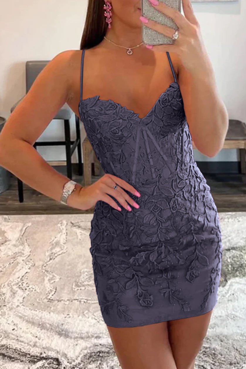 Bodycon Champagne Spaghetti Straps Tight Short Homecoming Dress with Appliques