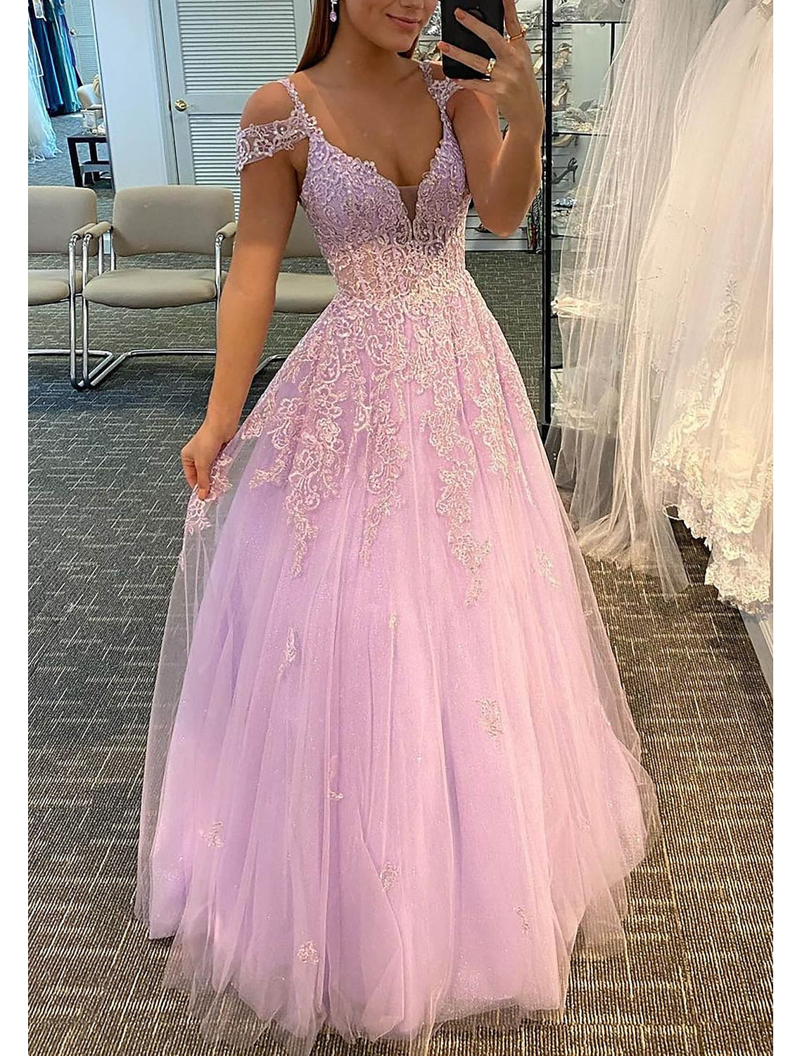 Aimishang A-Line Prom Dresses Dress For Formal Dresses Gowns Evening Dresses Wedding Guest Floor Length Sleeveless V Neck Tulle Backless with Pleats Appliques