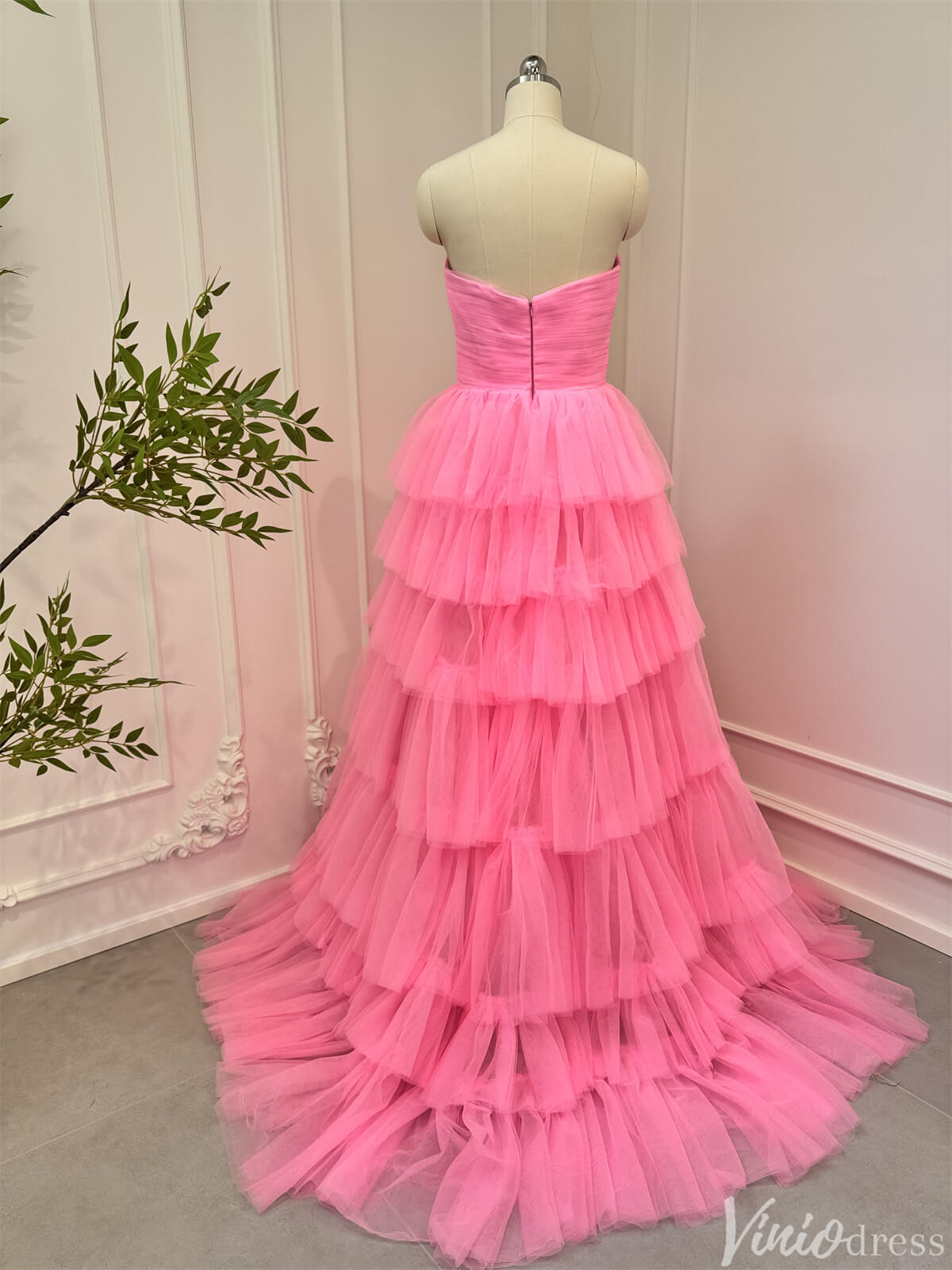 Bright Pink Tiered Tulle Prom Dresses Strapless Ruffle Ball Gowns 80007