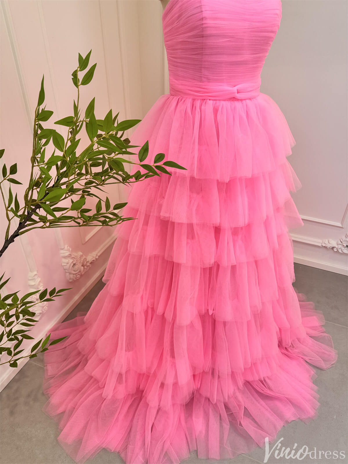 Bright Pink Tiered Tulle Prom Dresses Strapless Ruffle Ball Gowns 80007