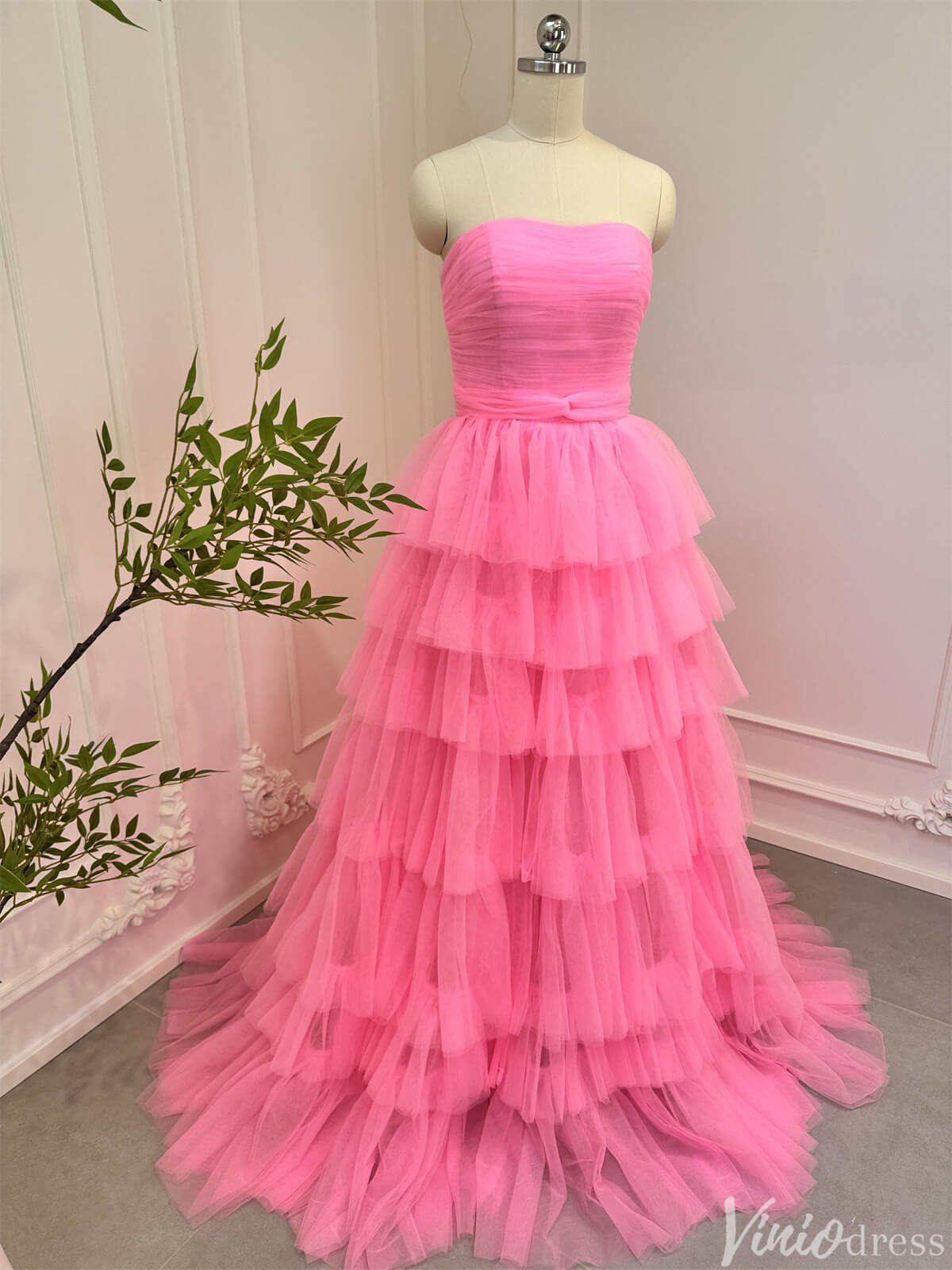 Bright Pink Tiered Tulle Prom Dresses Strapless Ruffle Ball Gowns 80007