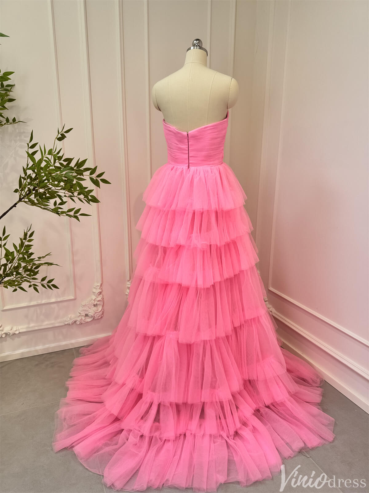 Bright Pink Tiered Tulle Prom Dresses Strapless Ruffle Ball Gowns 80007