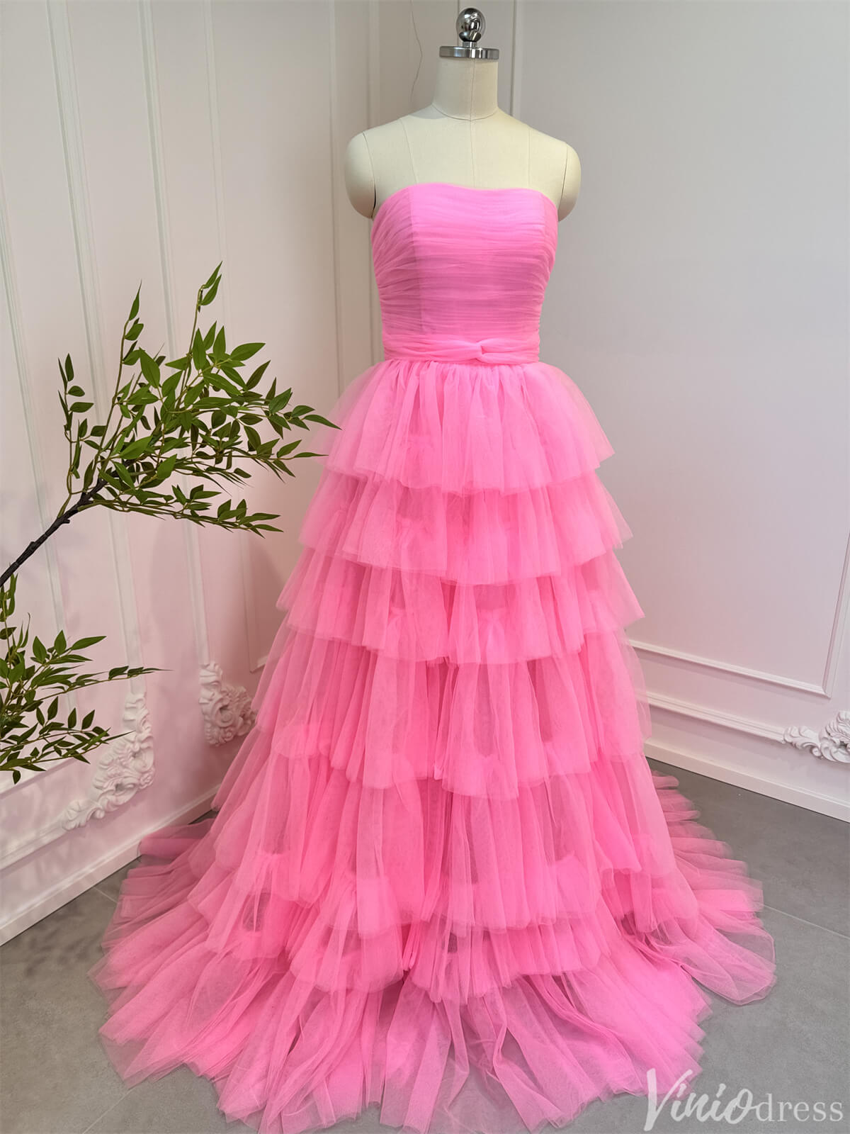 Bright Pink Tiered Tulle Prom Dresses Strapless Ruffle Ball Gowns 80007