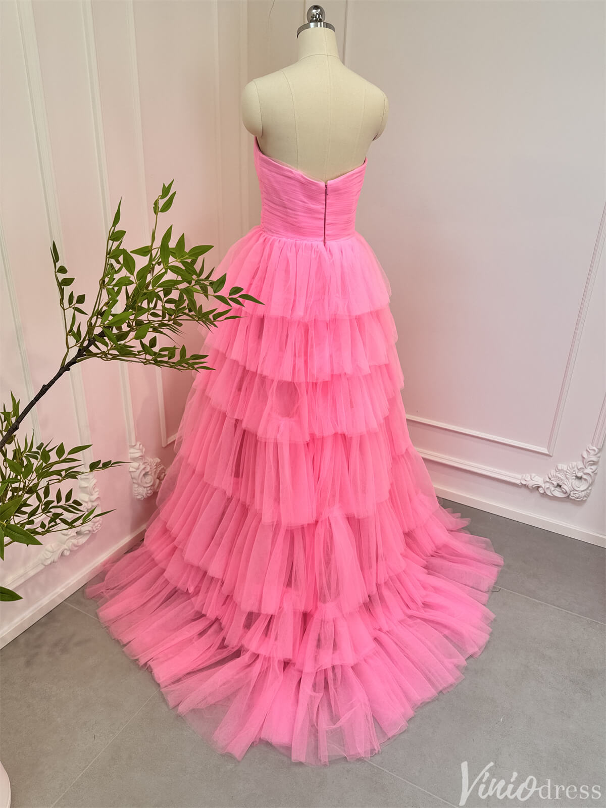 Bright Pink Tiered Tulle Prom Dresses Strapless Ruffle Ball Gowns 80007