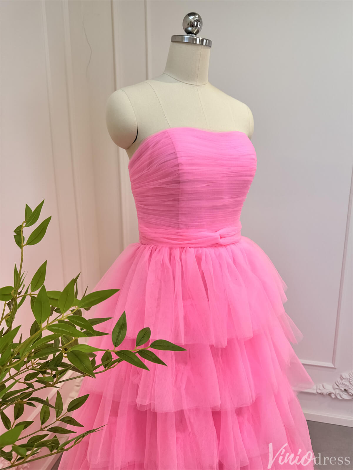 Bright Pink Tiered Tulle Prom Dresses Strapless Ruffle Ball Gowns 80007