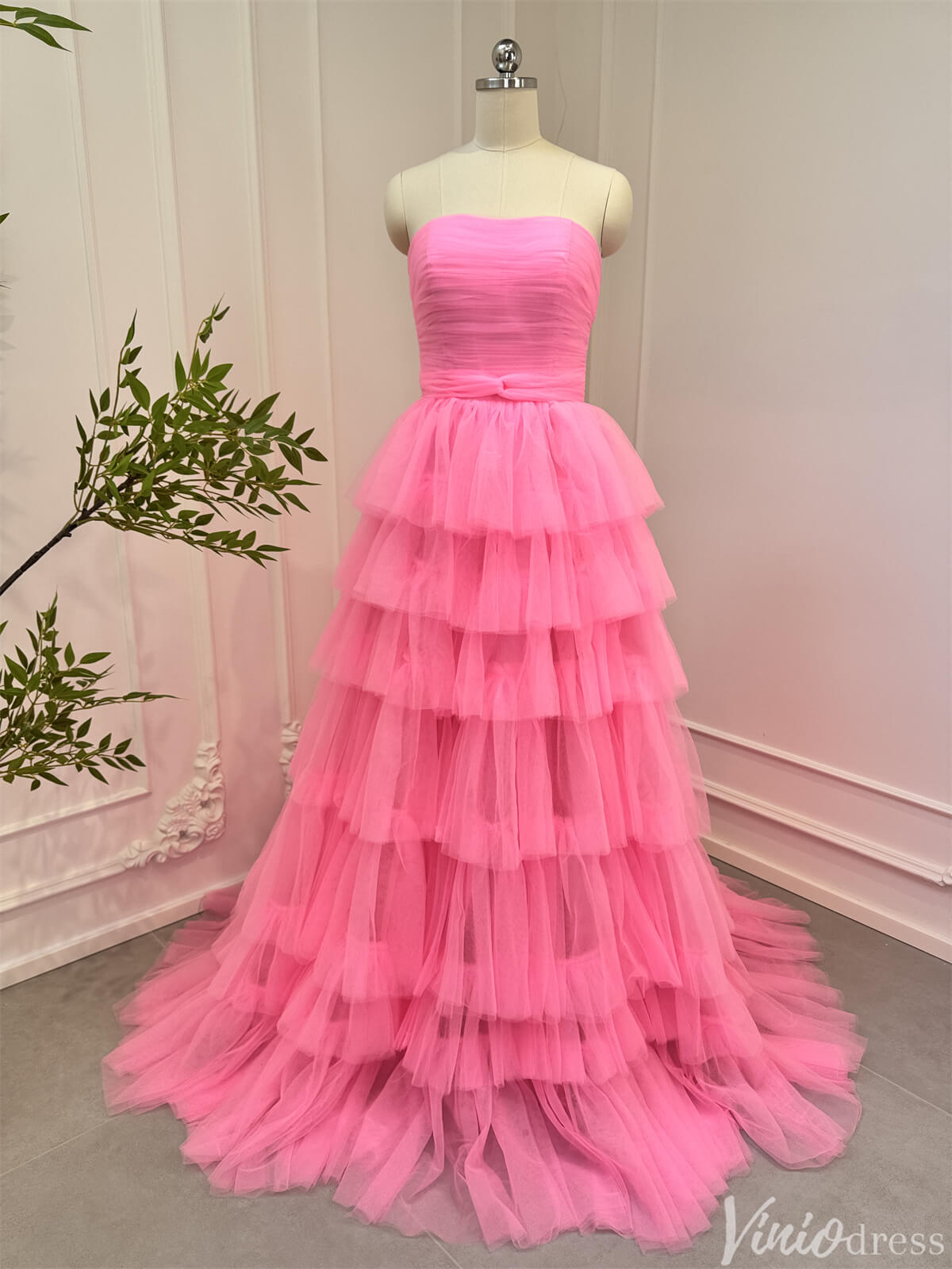 Bright Pink Tiered Tulle Prom Dresses Strapless Ruffle Ball Gowns 80007