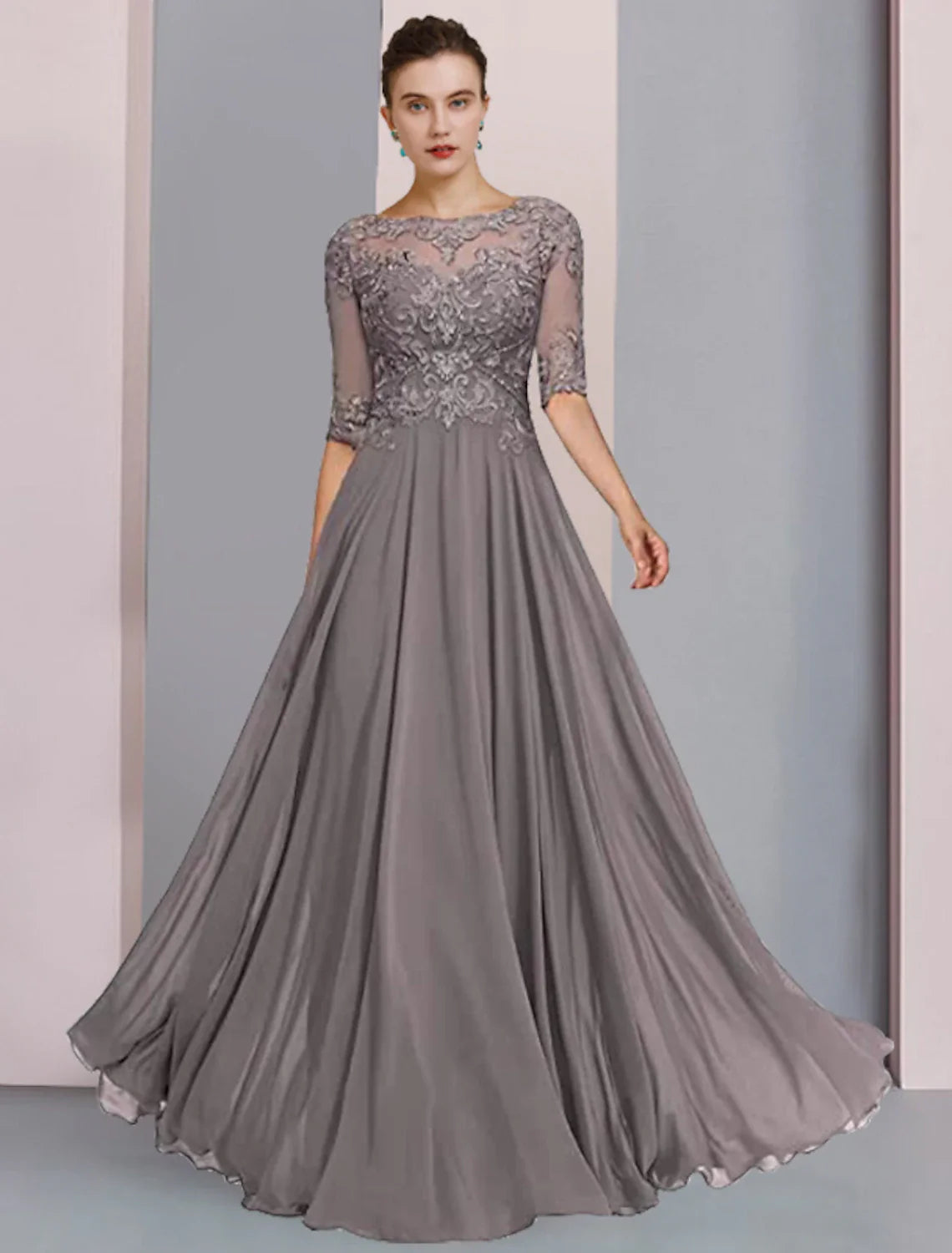 Aimishang  A-Line Mother of the Bride Dress Formal Wedding Guest Elegant Scoop Neck Floor Length Chiffon Lace Half Sleeve Wrap Included with Pleats Beading Appliques