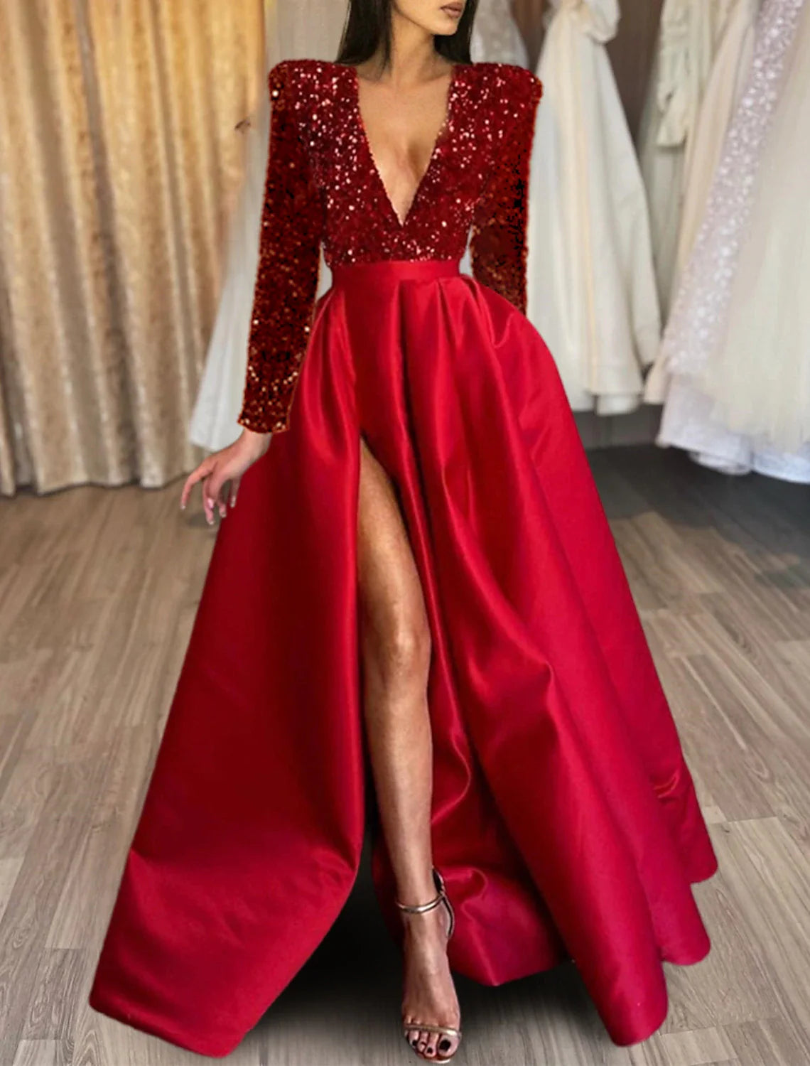 A-Line Evening Gown Red Green Dress Formal Black Dress Plus Size Wedding Court Train Half Sleeve V Neck Satin with Sequin Slit