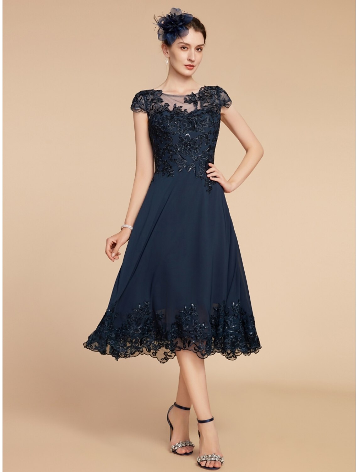 Aimishang  A-Line Mother of the Bride Dress Wedding Guest Elegant Petite Scoop Neck Tea Length Chiffon Lace Cap Sleeve with Sequin Ruching Solid Color
