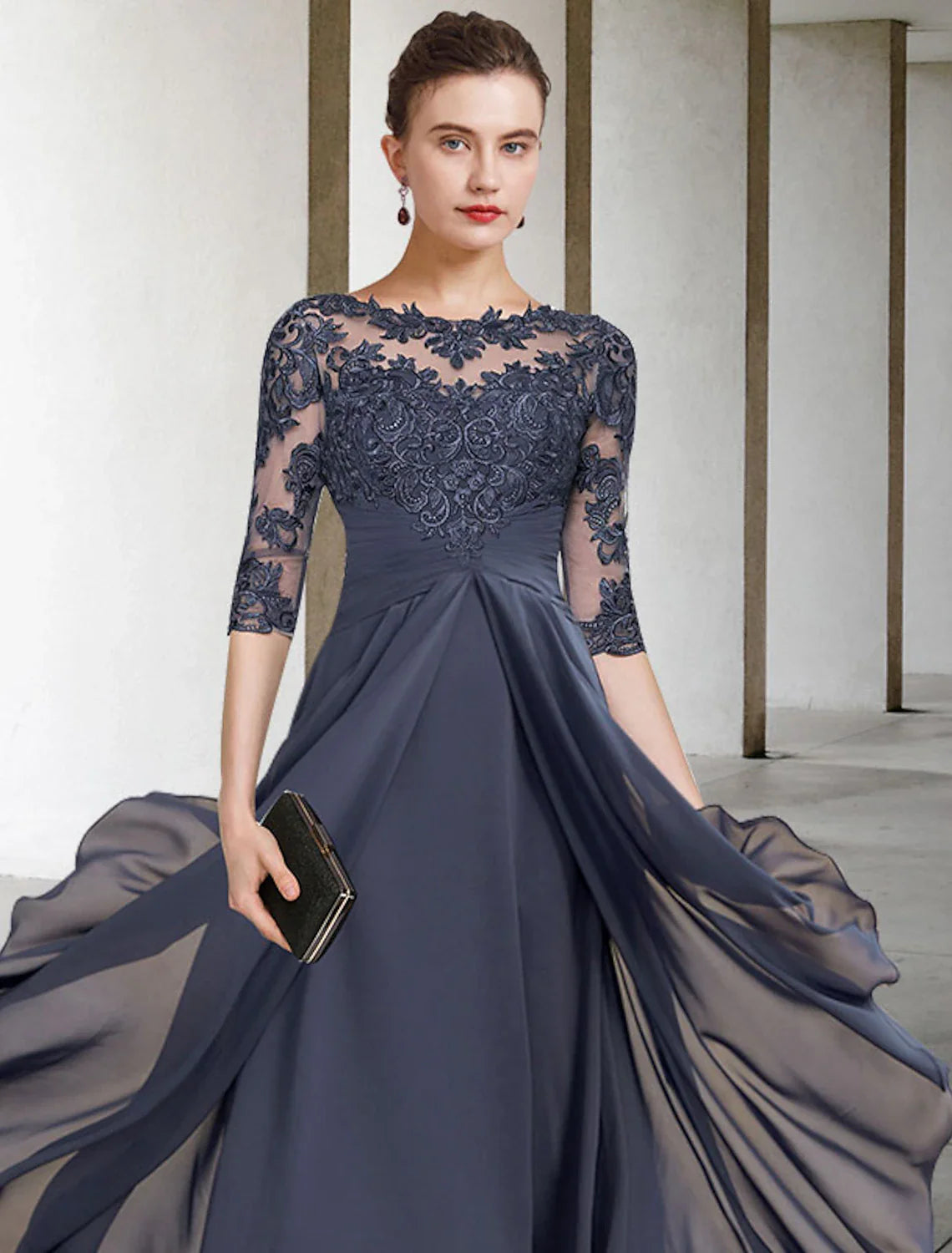 Aimishang  A-Line Mother of the Bride Dress Fall Wedding Guest Plus Size Elegant High Low Jewel Neck Asymmetrical Tea Length Chiffon Lace Half Sleeve with Ruched Appliques