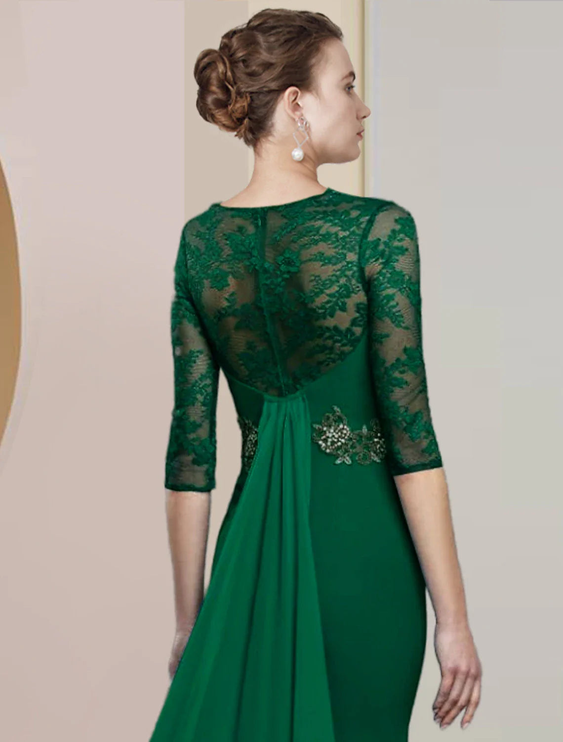 Aimishang  Sheath / Column Mother of the Bride Dress Formal Wedding Guest Elegant Scoop Neck Floor Length Chiffon Lace Half Sleeve with Appliques