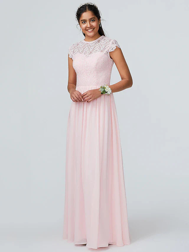 A-Line Bridesmaid Dress Jewel Neck Sleeveless Elegant Floor Length Chiffon with Lace 2022 / Sparkle & Shine