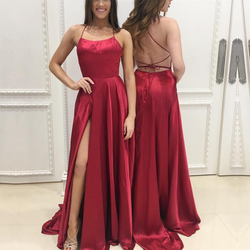 Long Satin Open Back Prom Dresses 2018 Leg Slit Evening Gowns